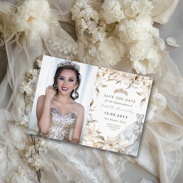 Blommigtar i Winter-området Vare Guld Quinceañera  Spara Datumet (This elegant white and gold quince invitation is perfect for a chic, sophisticated look.)