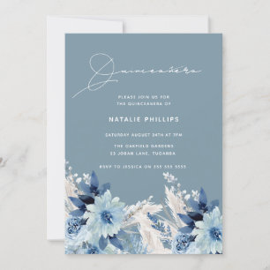 Blommigtar med blå vattenfärg Modern Quinceañera P Inbjudningar