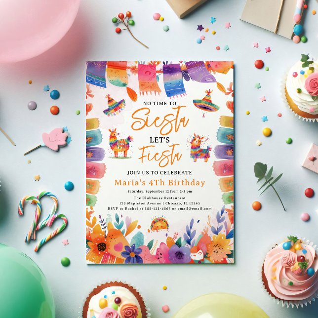 Blommigtar mexikanska, ingen tid till Siesta Birth Inbjudningar ( Florals Mexican, No time to Siesta, Let's Fiesta, Birthday Girl Party Invitation)
