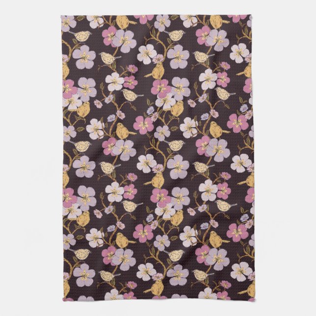 Blommigtar och fåglar som bryter mot lagen - svart kökshandduk (Vertikal)