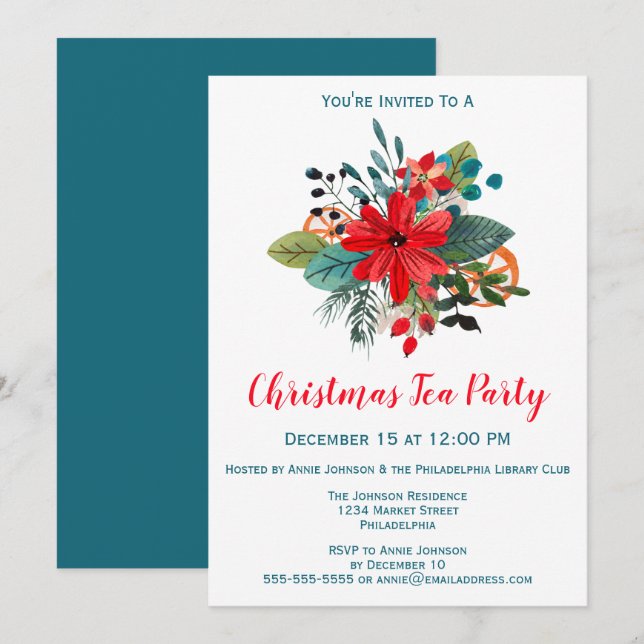 Blommigtar och frukt vid jul Tea Party Inbjudningar (Fram/baksida)
