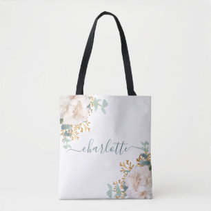 Blommigtar peony eucalyptus monogram bridesmaid tygkasse