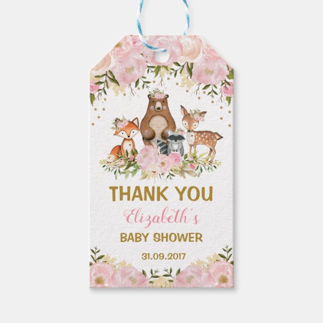  Blommigtar Skogsdjur Birthday Baby Shower Presentetikett (Framsidan)