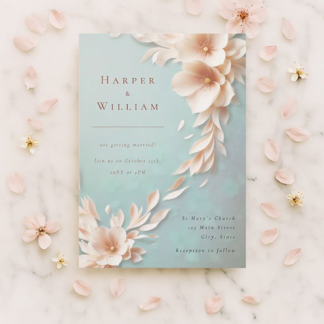 blommigtar som flyger bröllopsinbjudan inbjudningar (Romantic spring wedding invitation with blush florals on pastel—perfect for elegant couples.)