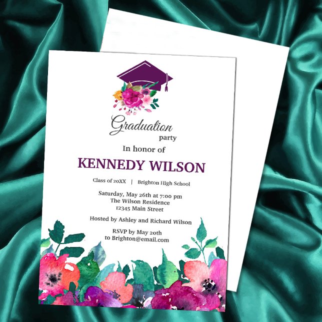 Blommigtar Studenten med ljust och fetstilt färg Inbjudningar (Celebrate your graduate’s big day with this elegant floral watercolor invitation. #Zazzlegraduation)