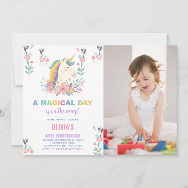 Blommigtar Unicorn Birthday-inbjudningar med foto Inbjudningar (Framsida)