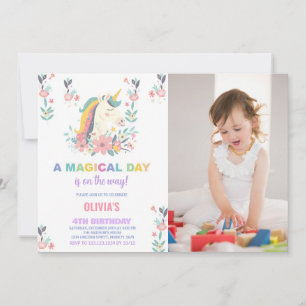 Blommigtar Unicorn Birthday-inbjudningar med foto Inbjudningar