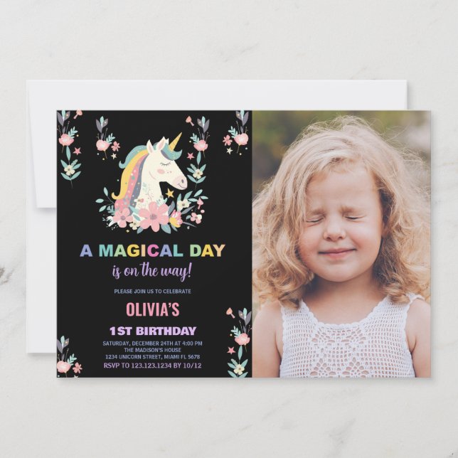 Blommigtar Unicorn Birthday-inbjudningar med foto Inbjudningar (Framsida)