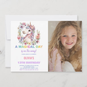 Blommigtar Unicorn Birthday-inbjudningar med foto Inbjudningar