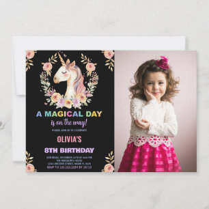 Blommigtar Unicorn Birthday-inbjudningar med foto Inbjudningar