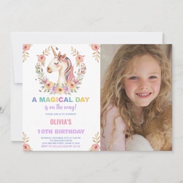 Blommigtar Unicorn Birthday-inbjudningar med foto Inbjudningar (Framsida)