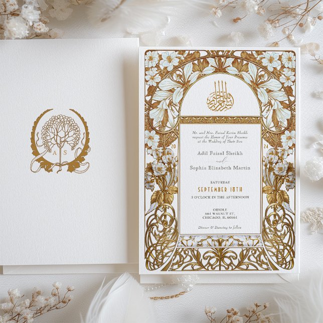 Blommigtarna Art nouveau Islamic Bröllop Guld Crea Inbjudningar (Skapare uppladdad)