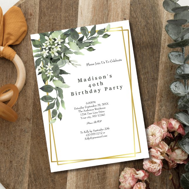 Blommigtarna födelsemeddelandet Grey Guld Ram Inbjudningar (Elegant Gold Frame Greenery Birthday Invitation for her. Instant download digital, or Printed)