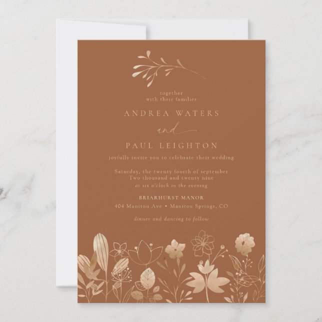 Blommigtarna ro Guld | Elegant Boho Flower Bröllop Inbjudningar (Framsida)