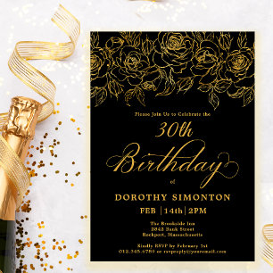 Blommigten 30års födelsedag Party Guld, Ro, Svarta Inbjudningar
