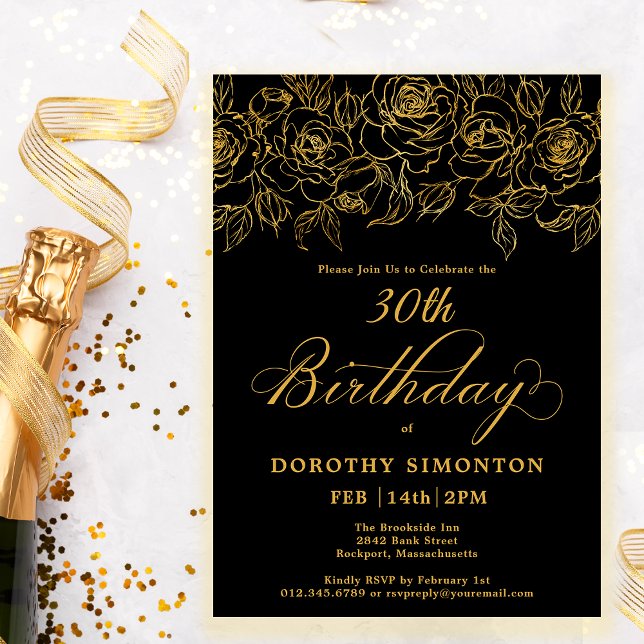 Blommigten 30års födelsedag Party Guld, Ro, Svarta Inbjudningar (Skapare uppladdad)