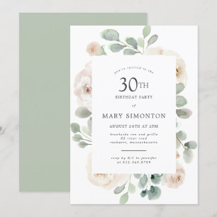 Blommigten 30års födelsedag Party Vit ros Inbjudningar