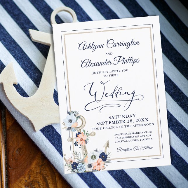 Blommigten Anchor Navy Peach Bröllop Inbjudningar (Skapare uppladdad)