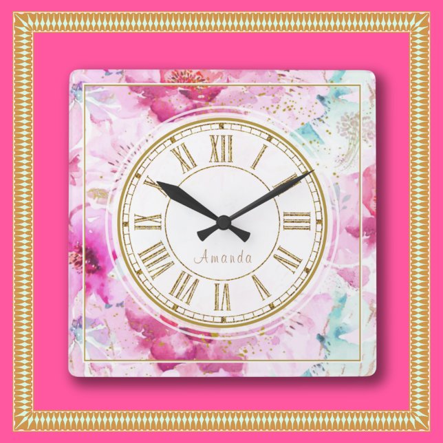 Blommigten Anpassat namn för söt Rosa Guld White Fyrkantig Klocka (Custom Wall Clock Pretty Pink Gold White Blue from the Loud and Sassy store. Cute, Girly, Chic Luxe.)