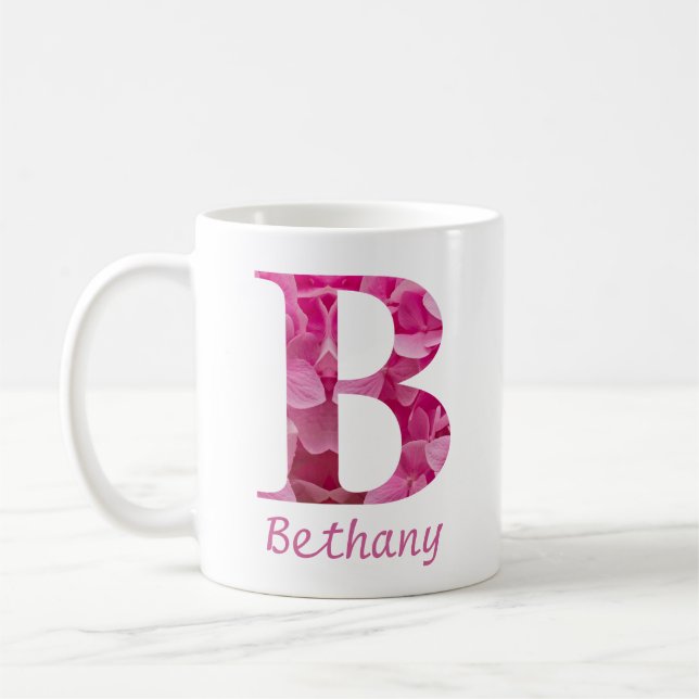 Blommigten Anpassat namn Rosa Alphabet Brev "B" Mu Kaffemugg (Vänster)