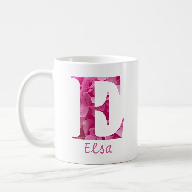 Blommigten Anpassat namn Rosa Alphabet Brev "E" Mu Kaffemugg (Vänster)