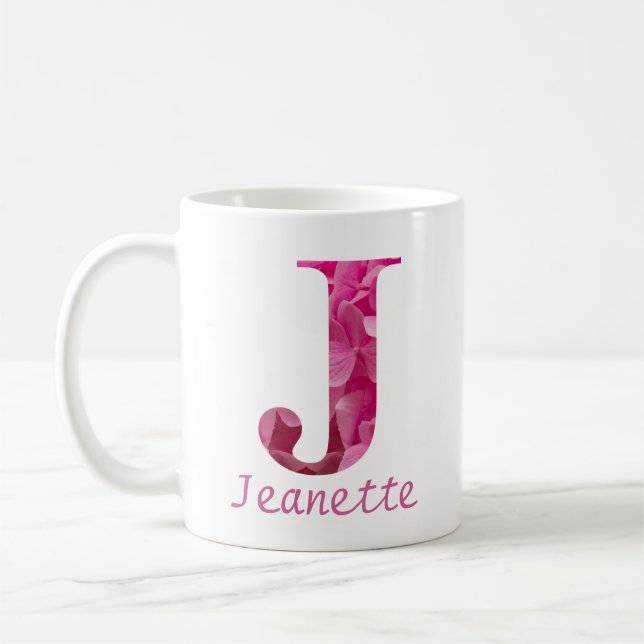 Blommigten Anpassat namn Rosa Alphabet Brev "J" Mu Kaffemugg (Vänster)
