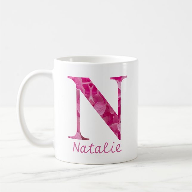 Blommigten Anpassat namn Rosa Alphabet Brev "N" Mu Kaffemugg (Vänster)