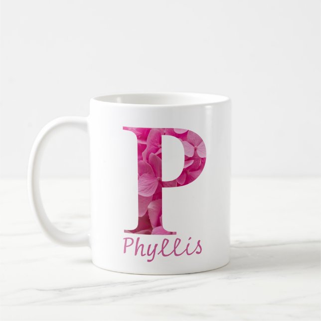 Blommigten Anpassat namn Rosa Alphabet Brev "P" Mu Kaffemugg (Vänster)