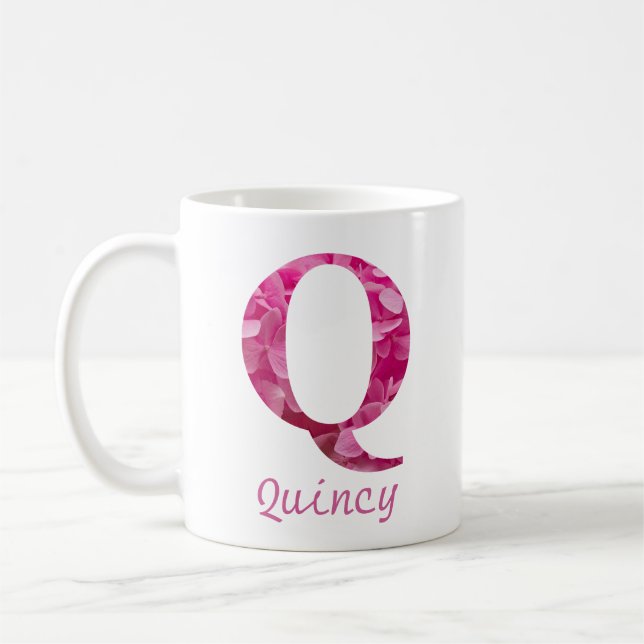 Blommigten Anpassat namn Rosa Alphabet Brev "Q" Mu Kaffemugg (Vänster)