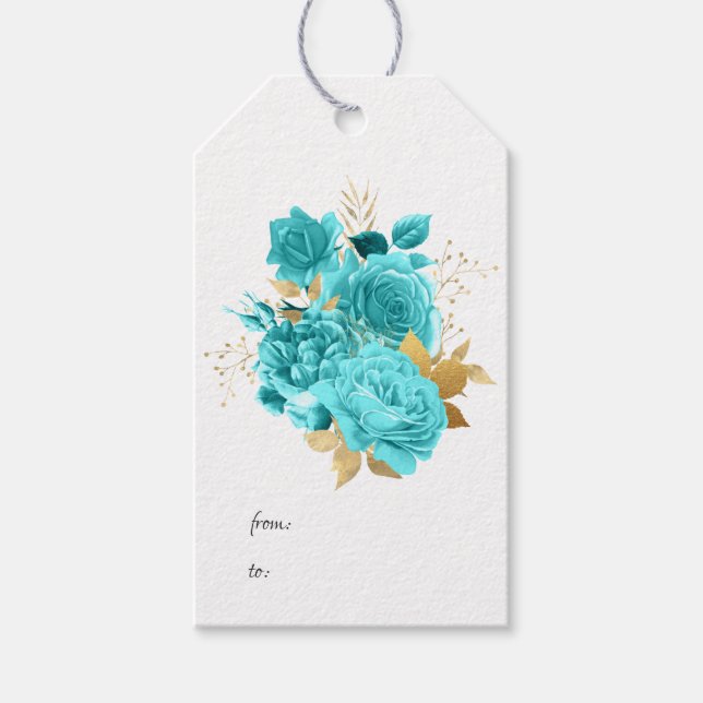 Blommigten Aqua och Guld Presentetikett (Framsidan)