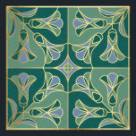 Blommigten Art Deco Tile. Grönt, blått och Guld Fototryck<br><div class="desc">Art Deco-plattan stiliserat blommönster med blåklockor. Bildrutor med guld-kontur</div>