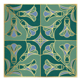 Blommigten Art Deco Tile. Grönt, blått och Guld Fototryck