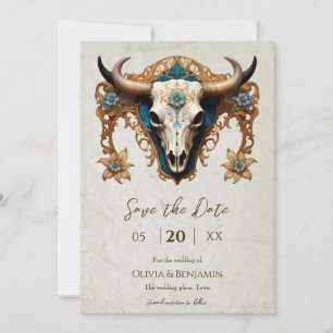 Blommigten art nouveau Watercolor Cow Skull Bröllo Spara Datumet