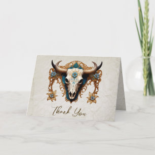 Blommigten art nouveau Watercolor Cow Skull Bröllo Tack Kort