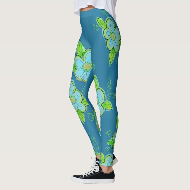Blommigten Artsy Blue och Grönt Leggings (Vänster)