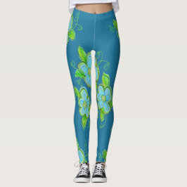 Blommigten Artsy Blue och Grönt Leggings