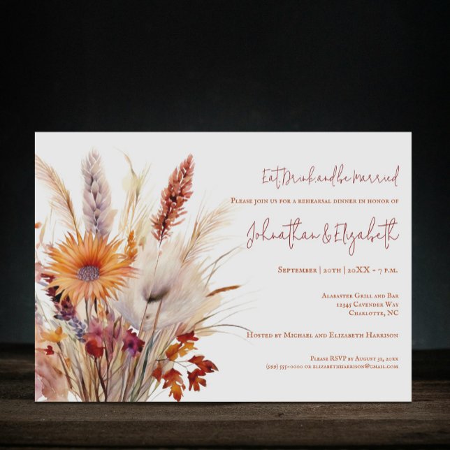 Blommigten Autumn Boho | Vit rehearsal-middag Inbjudningar (Autumn Boho Floral White Wedding Rehearsal Dinner Invitation)
