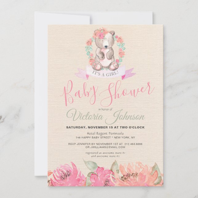 Blommigten Baby Bear Woodland Inbjudningar (Framsida)