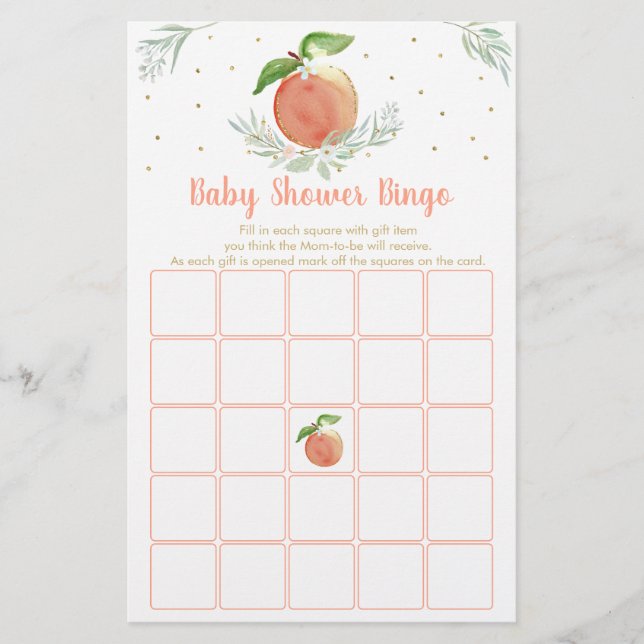 Blommigten Baby Shower Bingo Game Editable Peach G (Framsida)