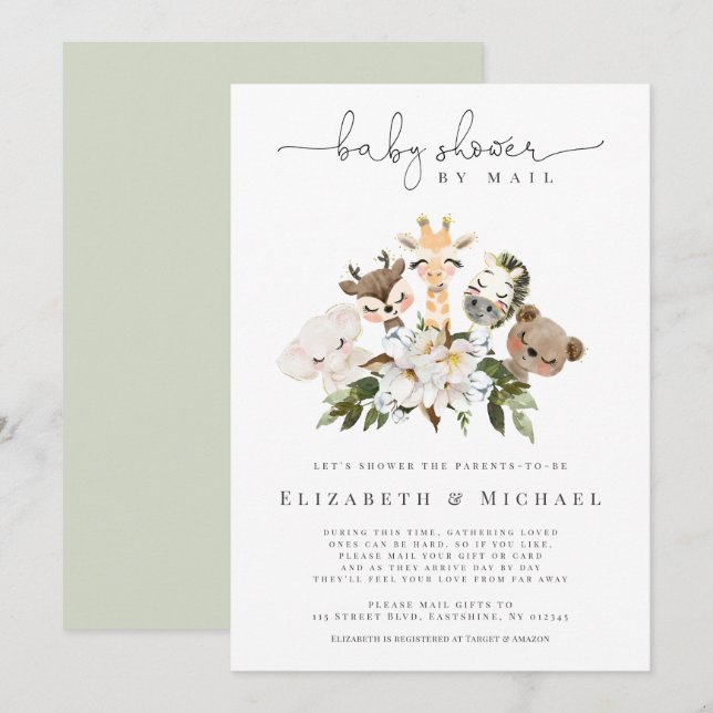 Blommigten Baby Shower by Mail Animals Faux Guld Inbjudningar (Fram/baksida)