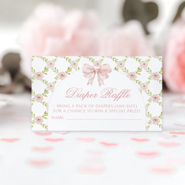 Blommigten Baby Shower Diaper Raffle för Rosa Bow Tilläggskort (Skapare uppladdad)