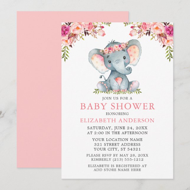 Blommigten Baby Shower Elephant  Watercolor Rosa Inbjudningar (Fram/baksida)
