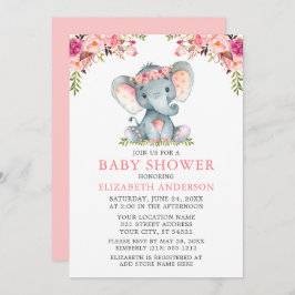 Blommigten Baby Shower Elephant  Watercolor Rosa Inbjudningar