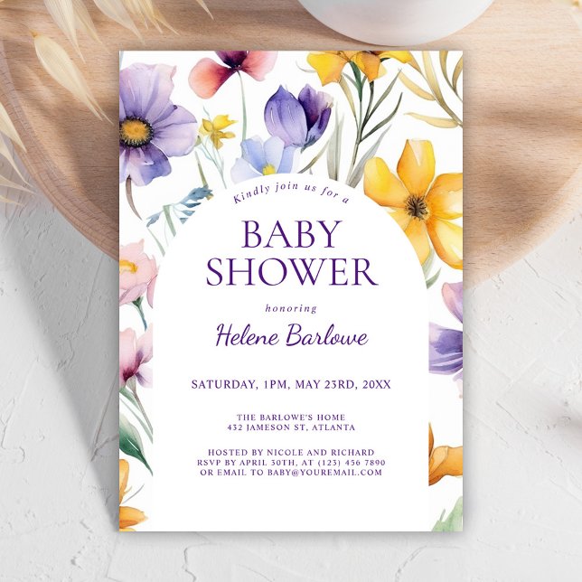 Blommigten Baby Shower för Cute Wildblommor Waterc Inbjudningar (Cute Wildflower Watercolor Floral Baby Shower Invitation)