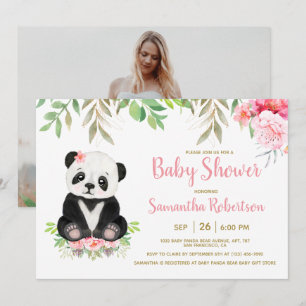 Blommigten Baby Shower för den Rosan i Cute Panda Inbjudningar