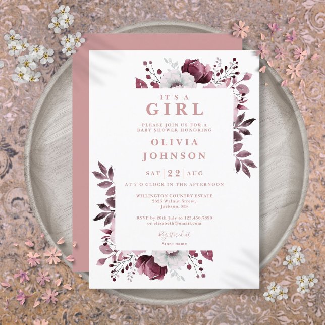 Blommigten Baby Shower för Eleganten Ro Dusty  Inbjudningar (Its A Girl Dusty Rose Elegant Floral Baby Shower Invitation)