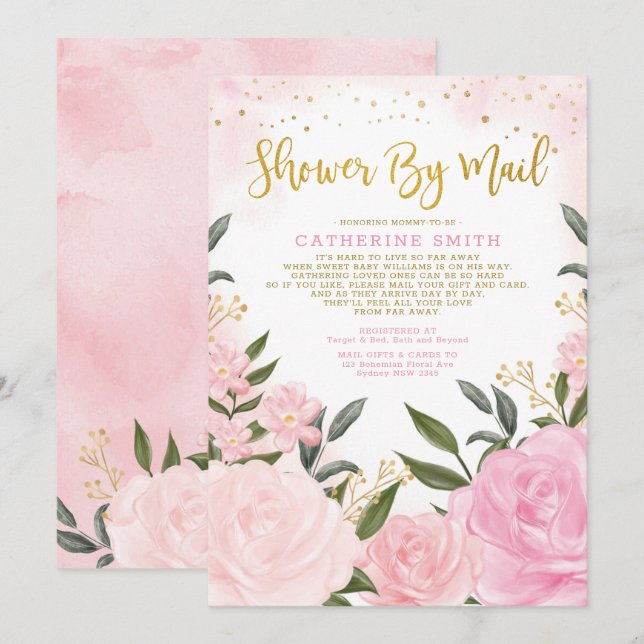 Blommigten Baby Shower för  Guld-vattenfärg efter  Inbjudningar (Fram/baksida)