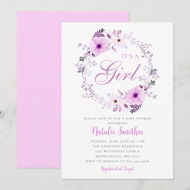 Blommigten Baby Shower för Lila av en flicka-vatte Inbjudningar (Fram/baksida)