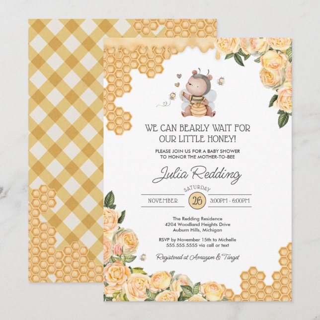 Blommigten Baby Shower för Little honey Bear & Bee Inbjudningar (Fram/baksida)