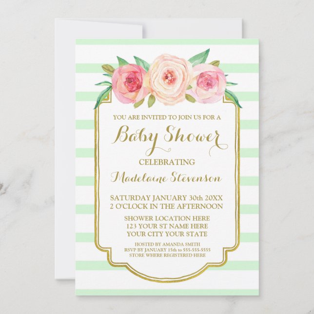 Blommigten Baby Shower för Mint Rand Rosa Watercol Inbjudningar (Baksida)